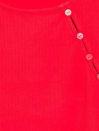T-shirt a tinta unita in maglia a costine con spalla abbottonata