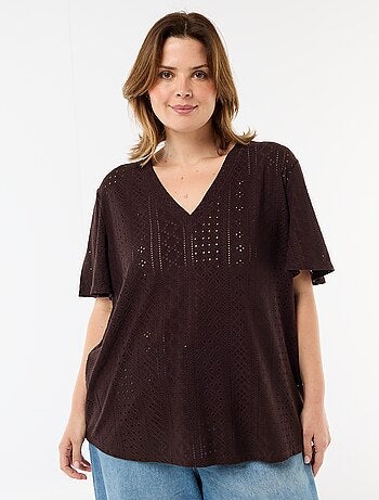 T-shirt a tinta unita in maglia traforata