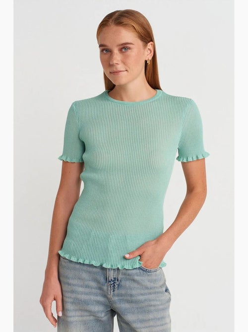 T-shirt aderente a costine con volant manica corta dilvin - Kiabi T-shirt aderente a costine con volant manica corta dilvin - Kiabi