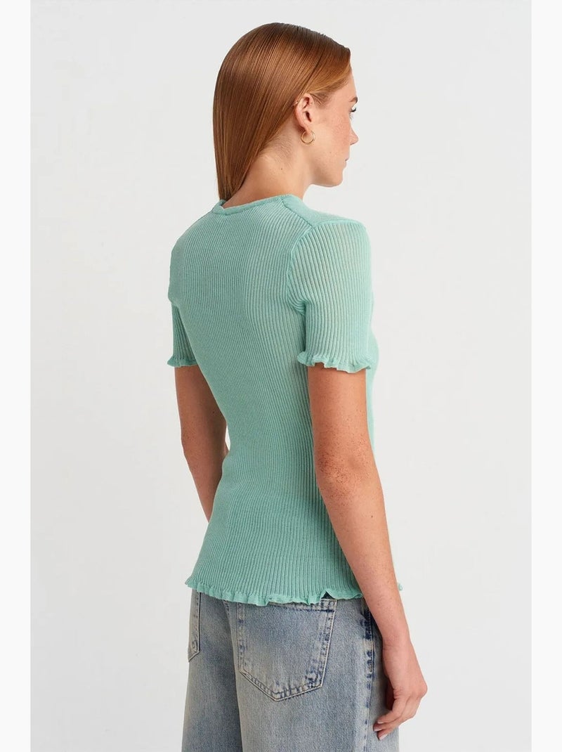 T-shirt aderente a costine con volant manica corta dilvin Verde menta - Kiabi