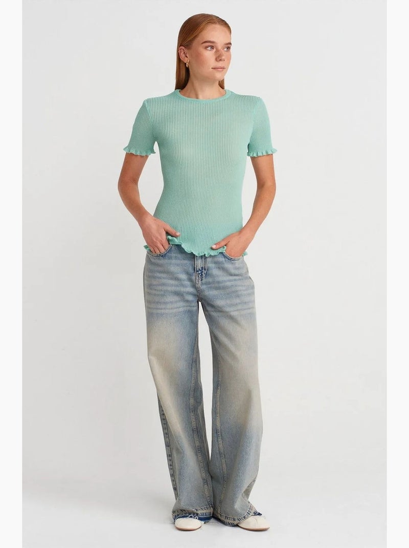 T-shirt aderente a costine con volant manica corta dilvin Verde menta - Kiabi