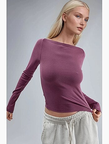 Blusa slim fit a coste con scollo a barca busem