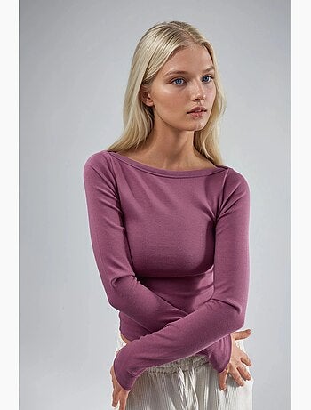 Blusa slim fit a coste con scollo a barca busem