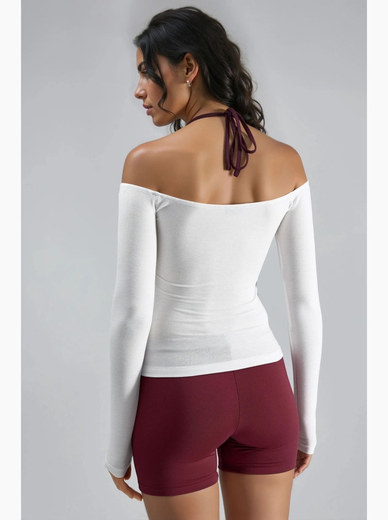 T-shirt aderente scollo a u profili a contrasto manica lunga busem Bianco - Kiabi