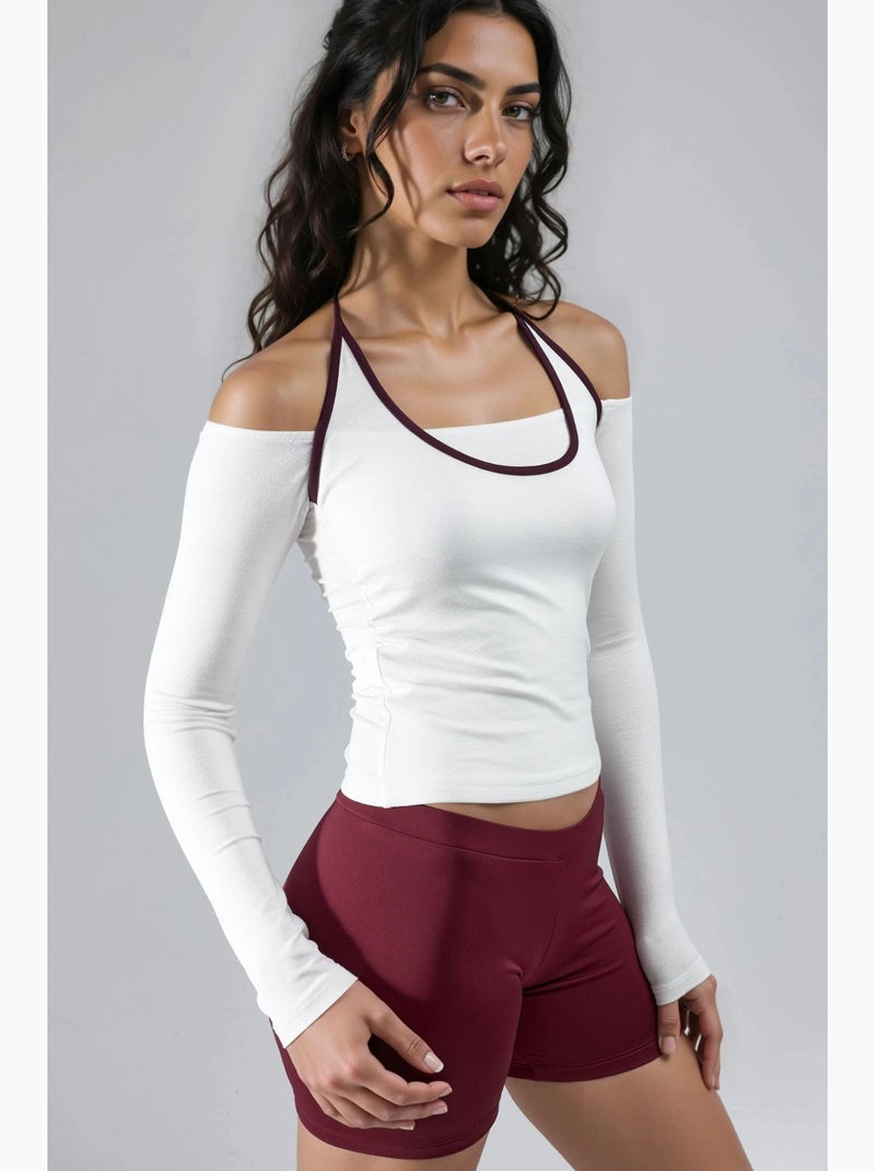 T-shirt aderente scollo a u profili a contrasto manica lunga busem Bianco - Kiabi