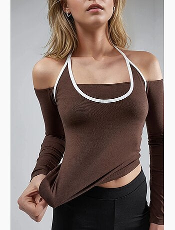 T-shirt aderente scollo a u profili a contrasto manica lunga busem