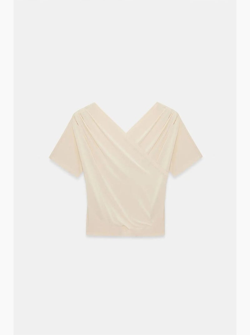 T-shirt aderente scollo a v manica corta dilvin Beige argilla - Kiabi