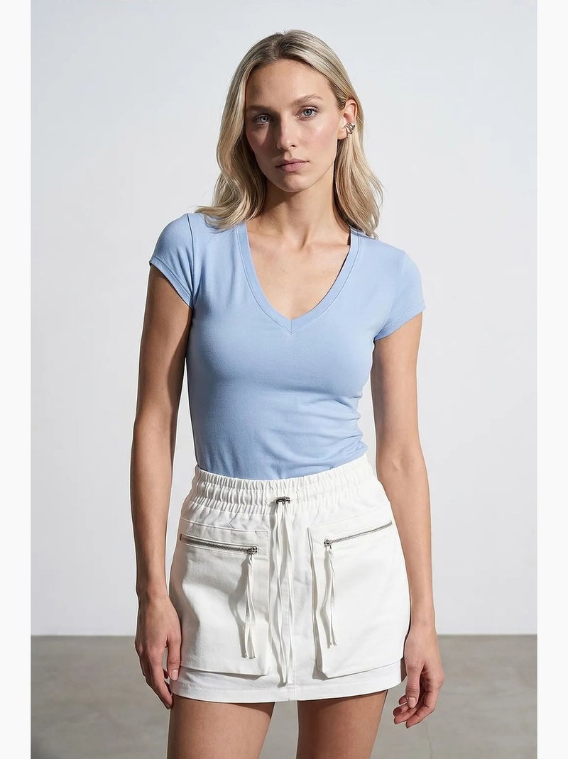 T-shirt aderente scollo a v manica corta dilvin Blu cielo - Kiabi