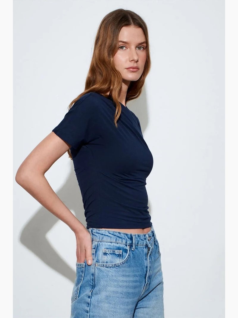 T-shirt aderente scollo a v manica corta dilvin Blu marino - Kiabi