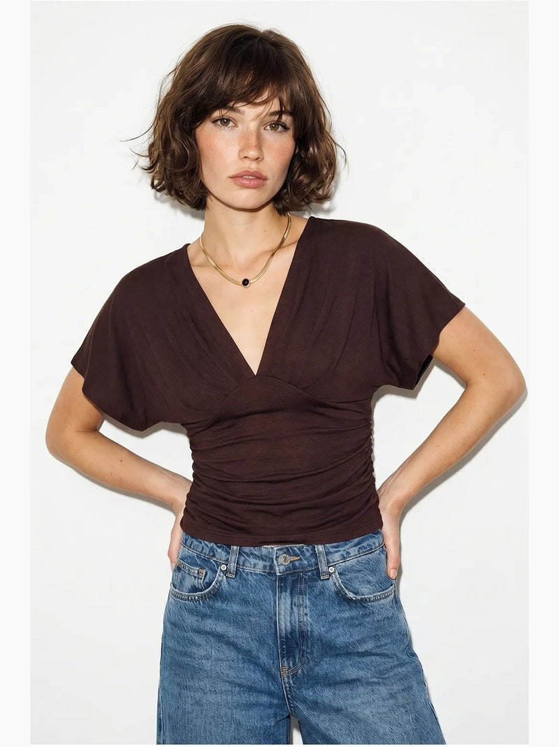 T-shirt aderente scollo a v manica corta lucci Rosso bordeaux - Kiabi