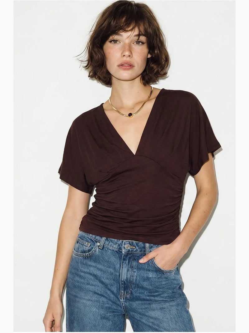 T-shirt aderente scollo a v manica corta lucci Rosso bordeaux - Kiabi