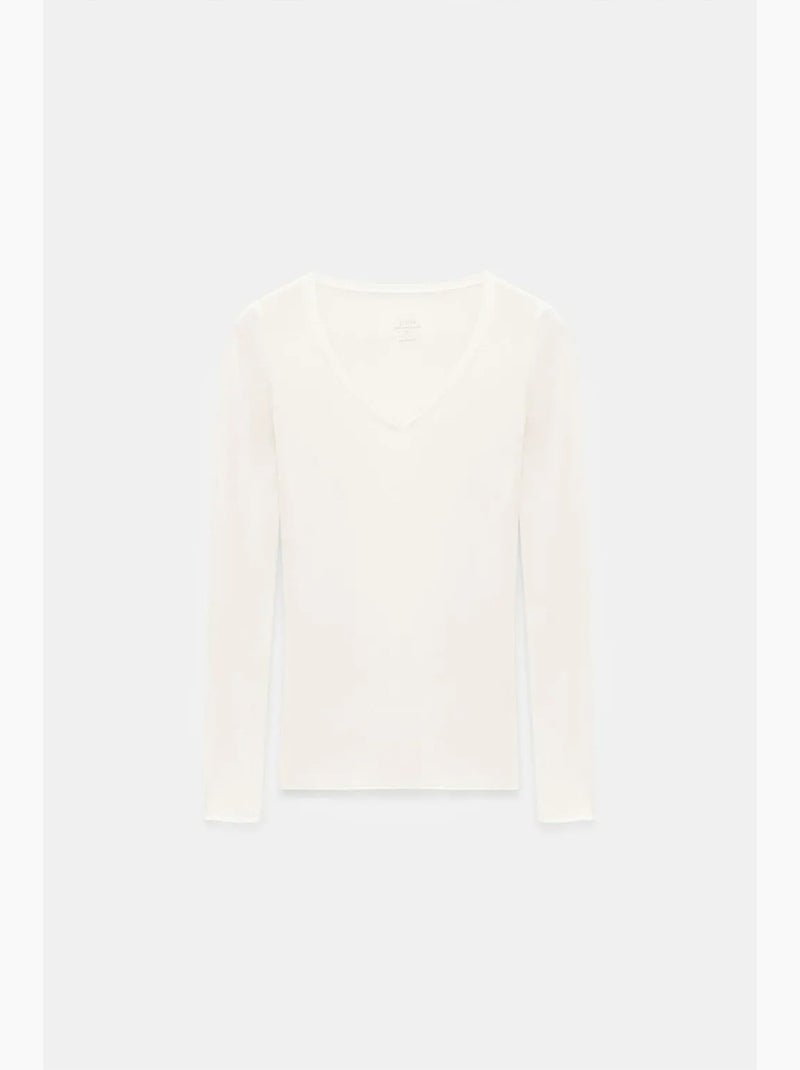 T-shirt aderente scollo a v manica lunga dilvin Bianco - Kiabi