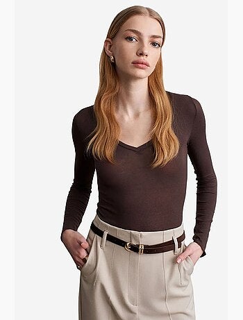 T-shirt aderente scollo a v manica lunga dilvin