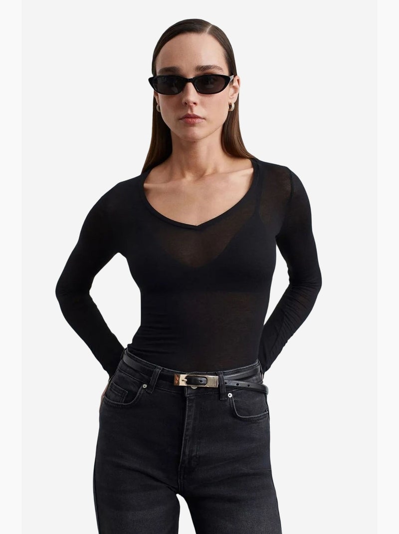 T-shirt aderente scollo a v manica lunga dilvin Nero - Kiabi