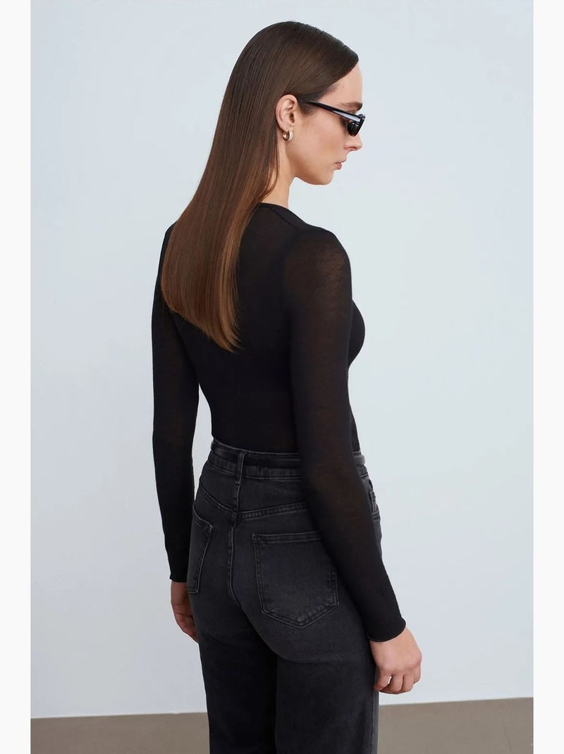 T-shirt aderente scollo a v manica lunga dilvin Nero - Kiabi