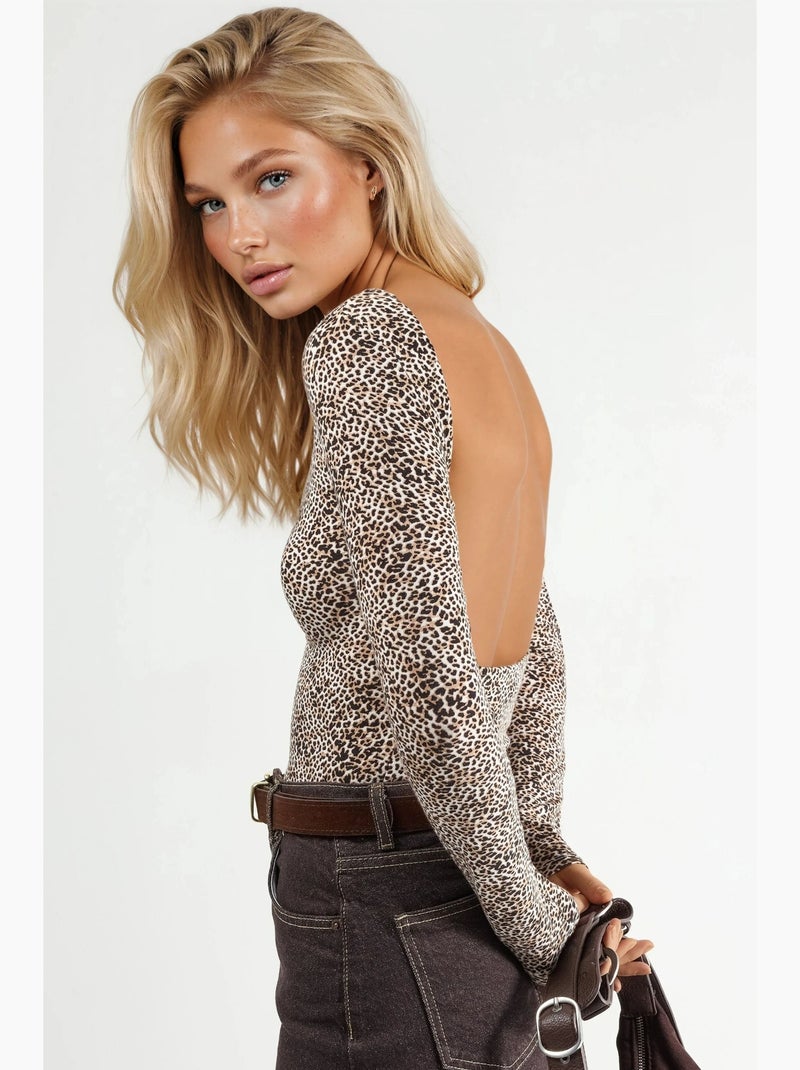 T-shirt aderente scollo barca stampa leopardata manica lunga busem Beige naturale - Kiabi