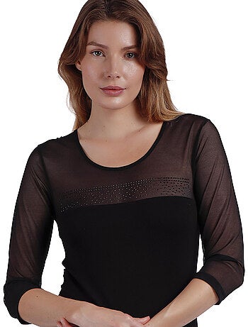 T-shirt ADMAS da donna con maniche alla francese in tulle e pietre