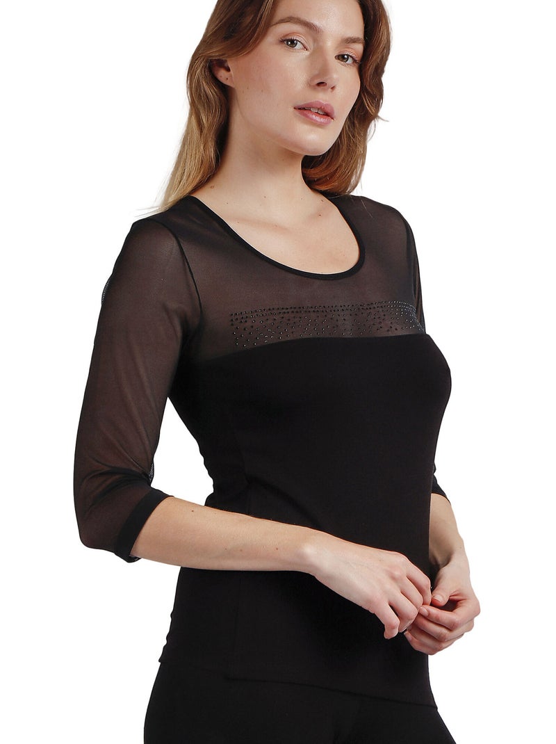 T-shirt ADMAS da donna con maniche alla francese in tulle e pietre Nero - Kiabi