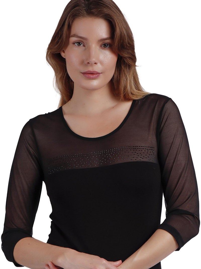 T-shirt ADMAS da donna con maniche alla francese in tulle e pietre Nero - Kiabi