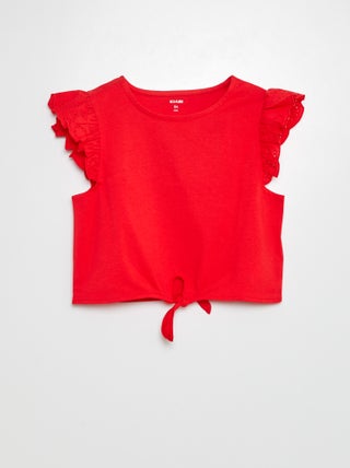 T-shirt annodata con maniche corte con volant