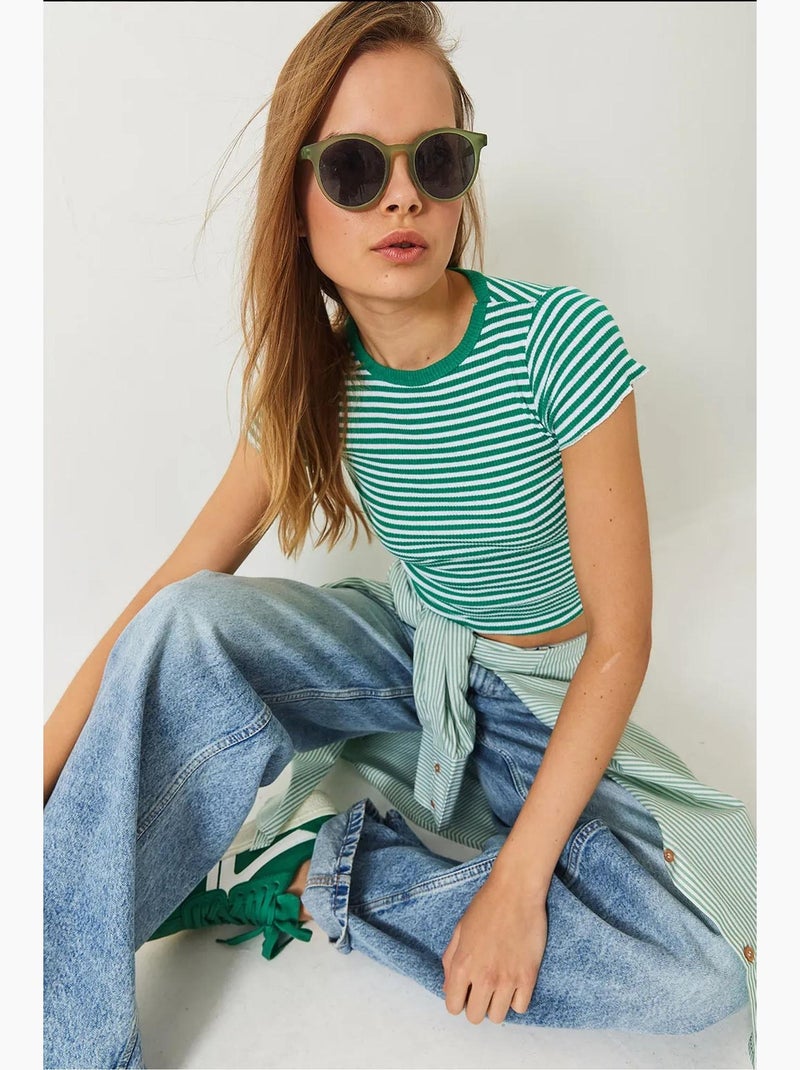 T-shirt basic a coste a righe lucci Verde - Kiabi