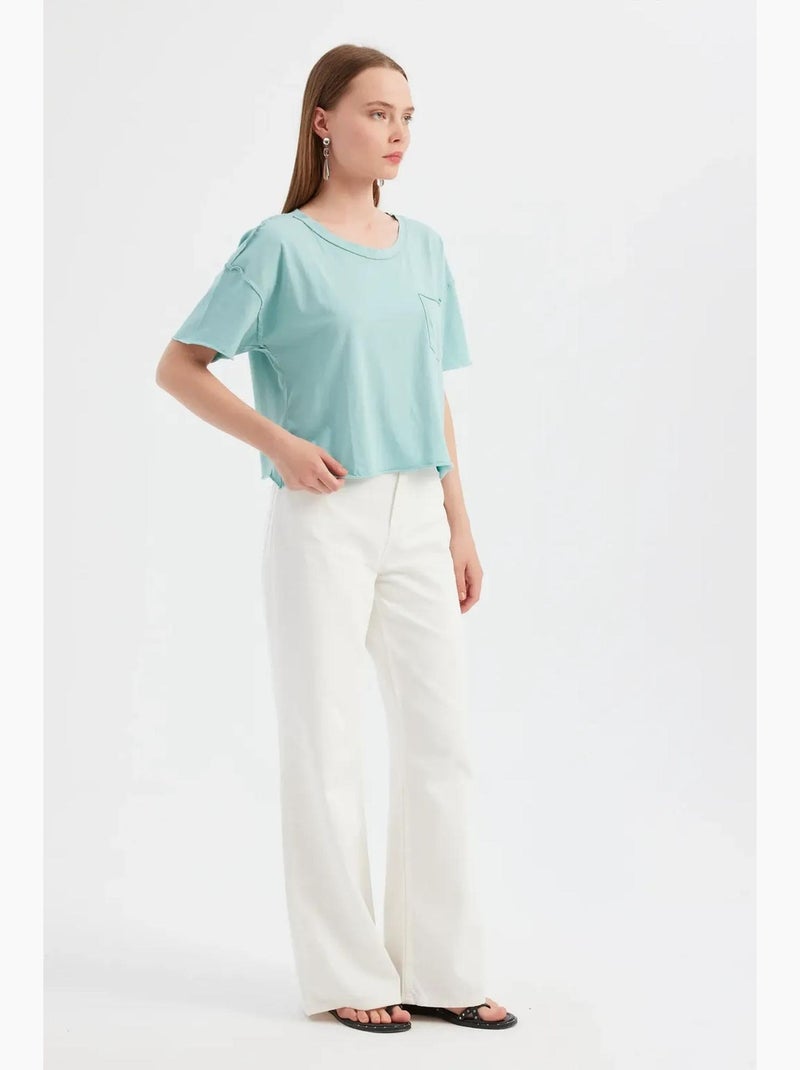 T-shirt basic a maniche corte con scollo tondo in tessuto hiccup Blu acqua - Kiabi