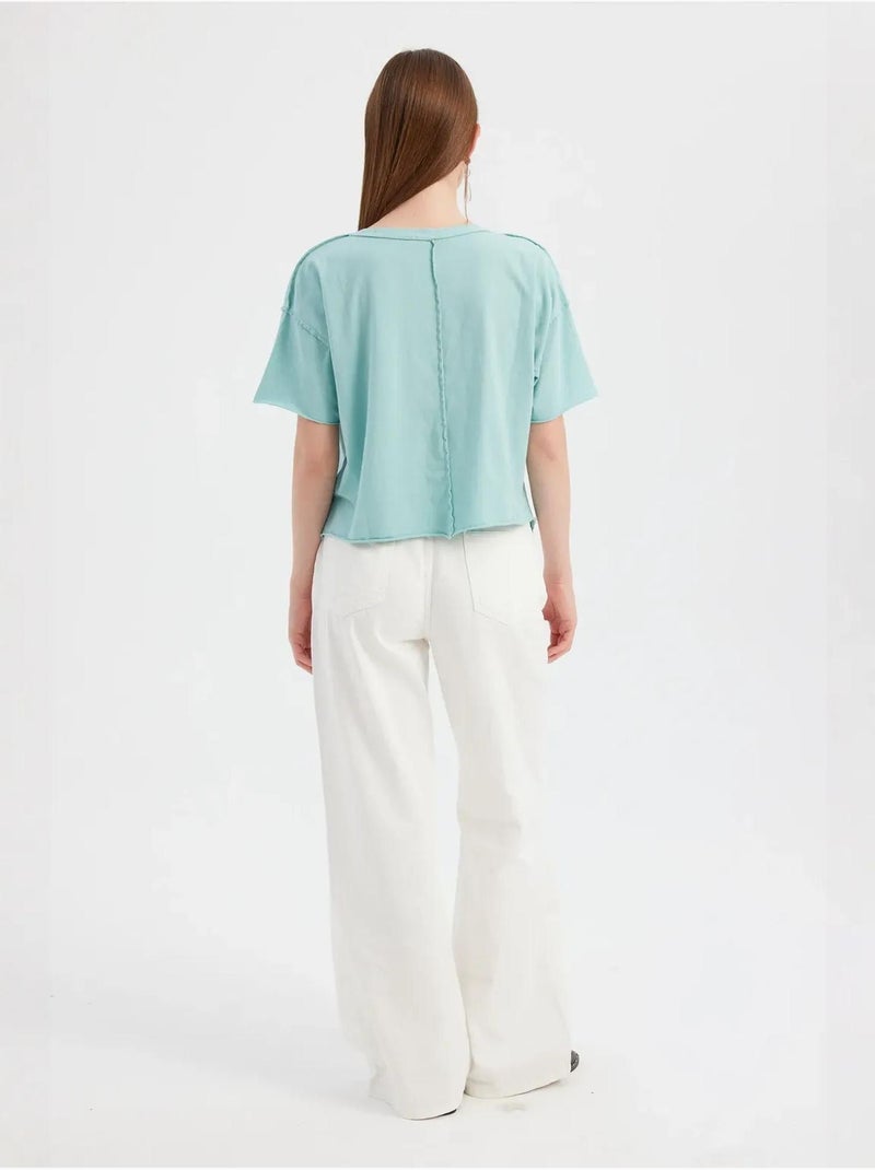 T-shirt basic a maniche corte con scollo tondo in tessuto hiccup Blu acqua - Kiabi
