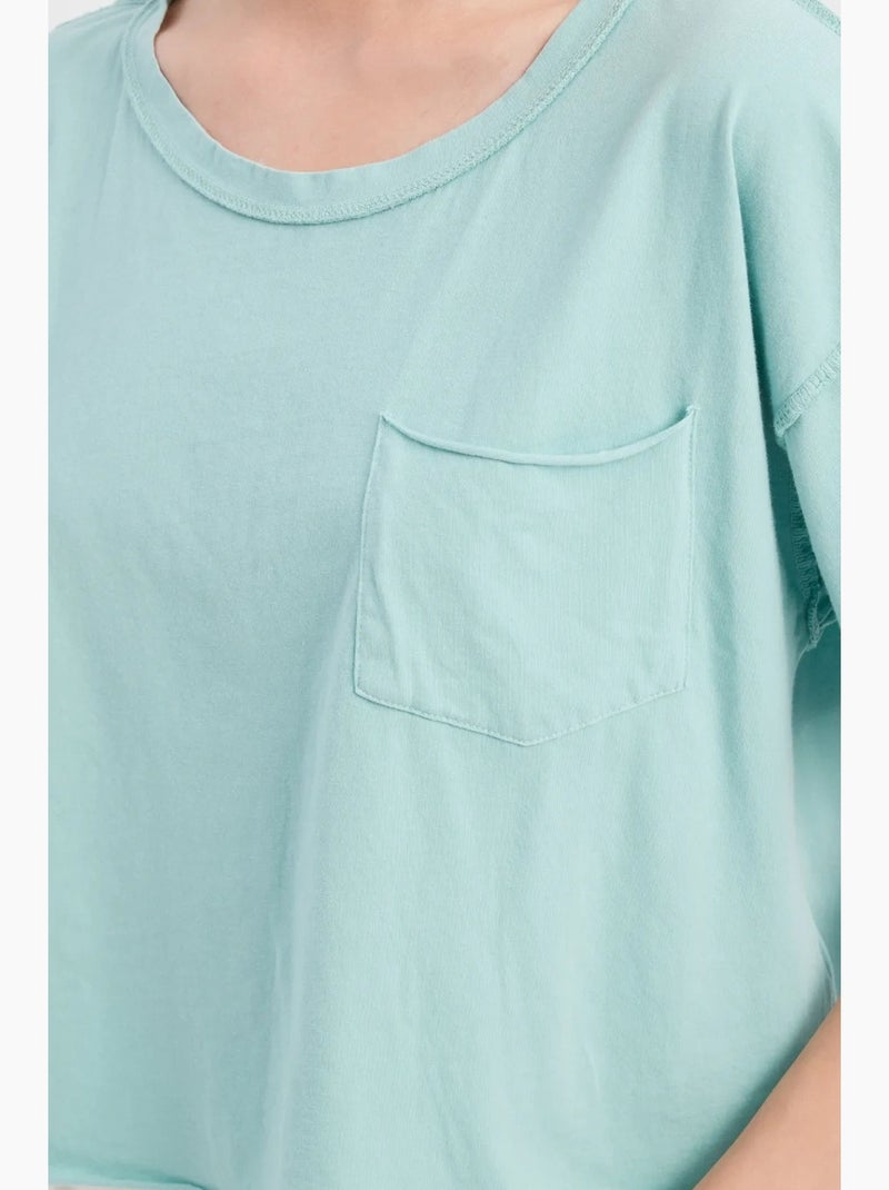 T-shirt basic a maniche corte con scollo tondo in tessuto hiccup Blu acqua - Kiabi
