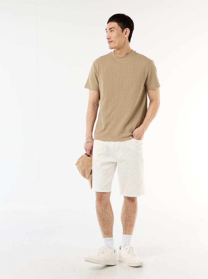T-shirt basic a maniche corte in maglia operata Beige - Kiabi