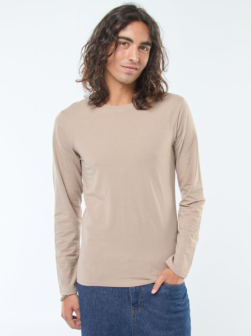 T-shirt basic a maniche lunghe e collo rotondo Beige - Kiabi