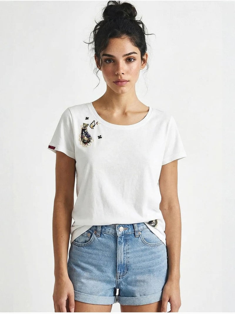 T-shirt basic con collo a u ricamato lucci Bianco - Kiabi
