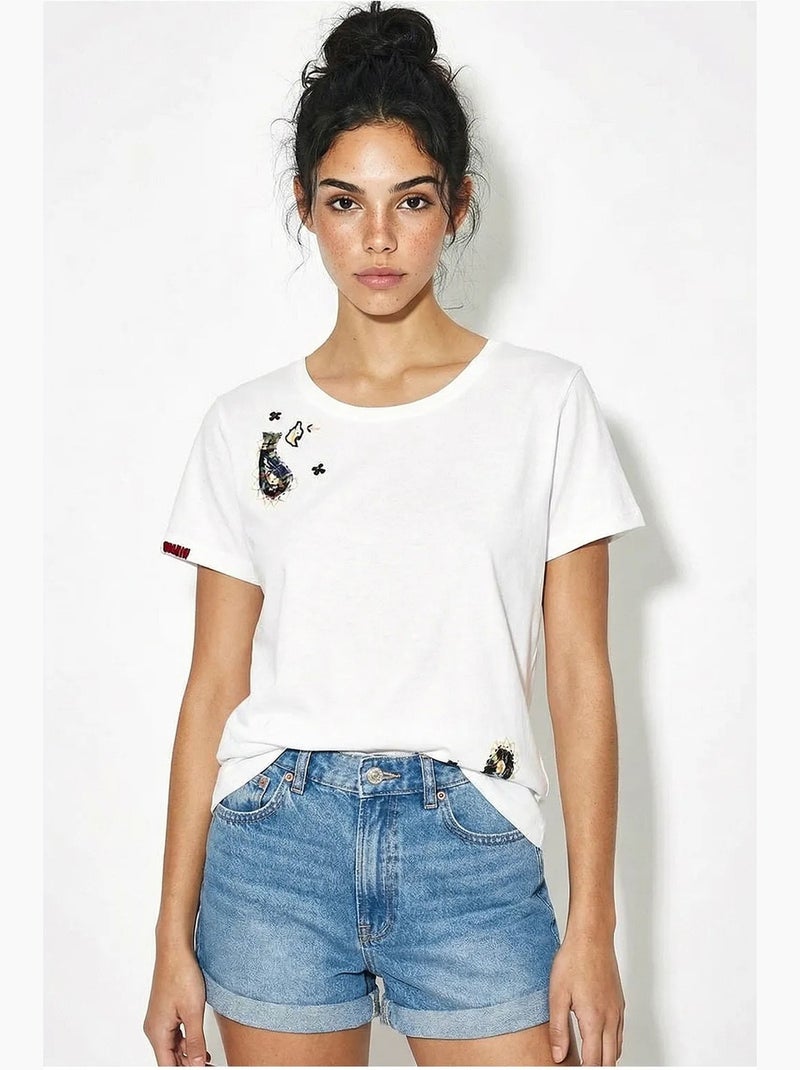 T-shirt basic con collo a u ricamato lucci Bianco - Kiabi