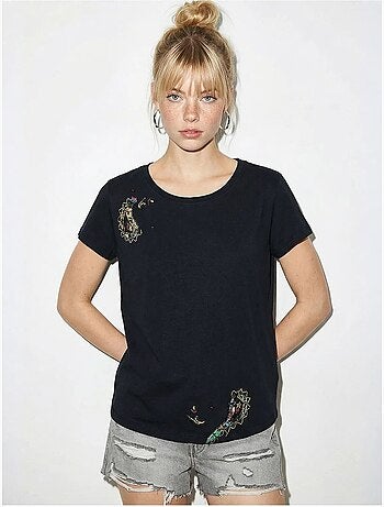 T-shirt basic con collo a u ricamato lucci