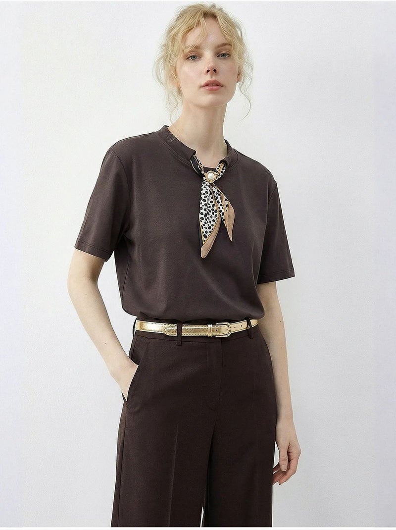 T-shirt basic girocollo con dettaglio accessorio lucci Marrone scuro - Kiabi