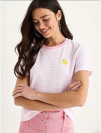 T-shirt basic in cotone a righe con ricamo di limoni lucci