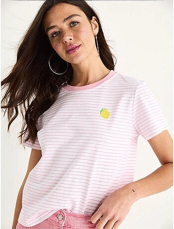 T-shirt basic in cotone a righe con ricamo di limoni lucci