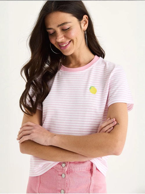T-shirt basic in cotone a righe con ricamo di limoni lucci - Kiabi