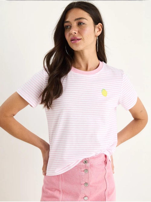 T-shirt basic in cotone a righe con ricamo di limoni lucci - Kiabi
