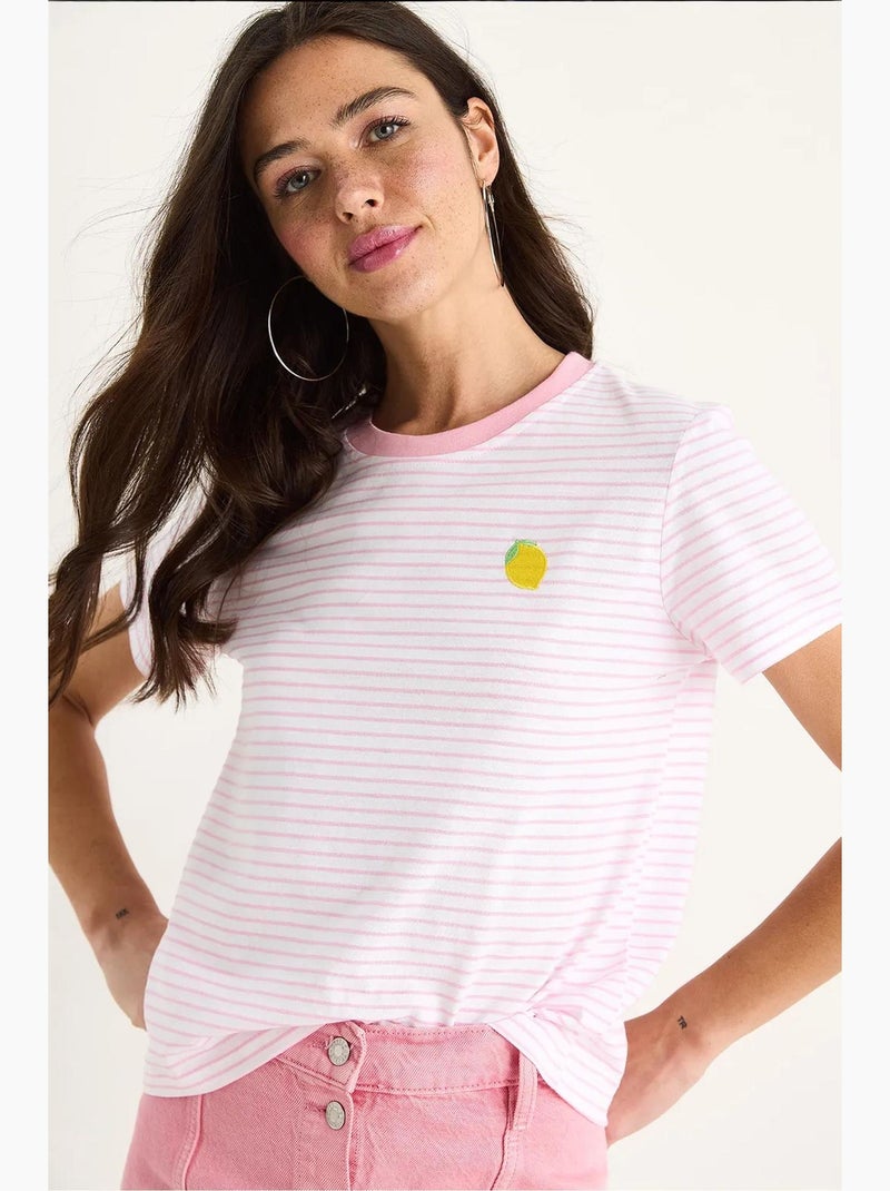 T-shirt basic in cotone a righe con ricamo di limoni lucci Rosa fluo/Solinotes - Kiabi