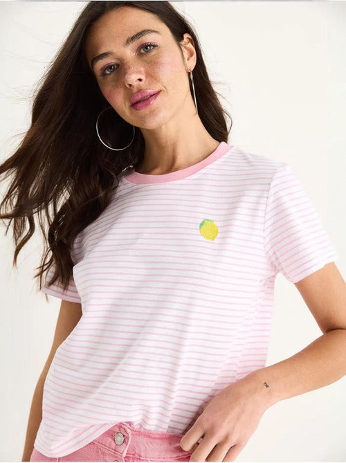 T-shirt basic in cotone a righe con ricamo di limoni lucci - Kiabi