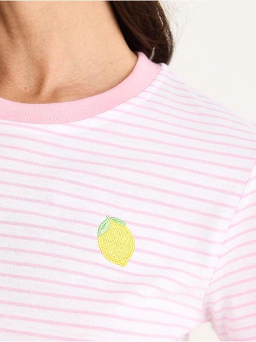 T-shirt basic in cotone a righe con ricamo di limoni lucci - Kiabi