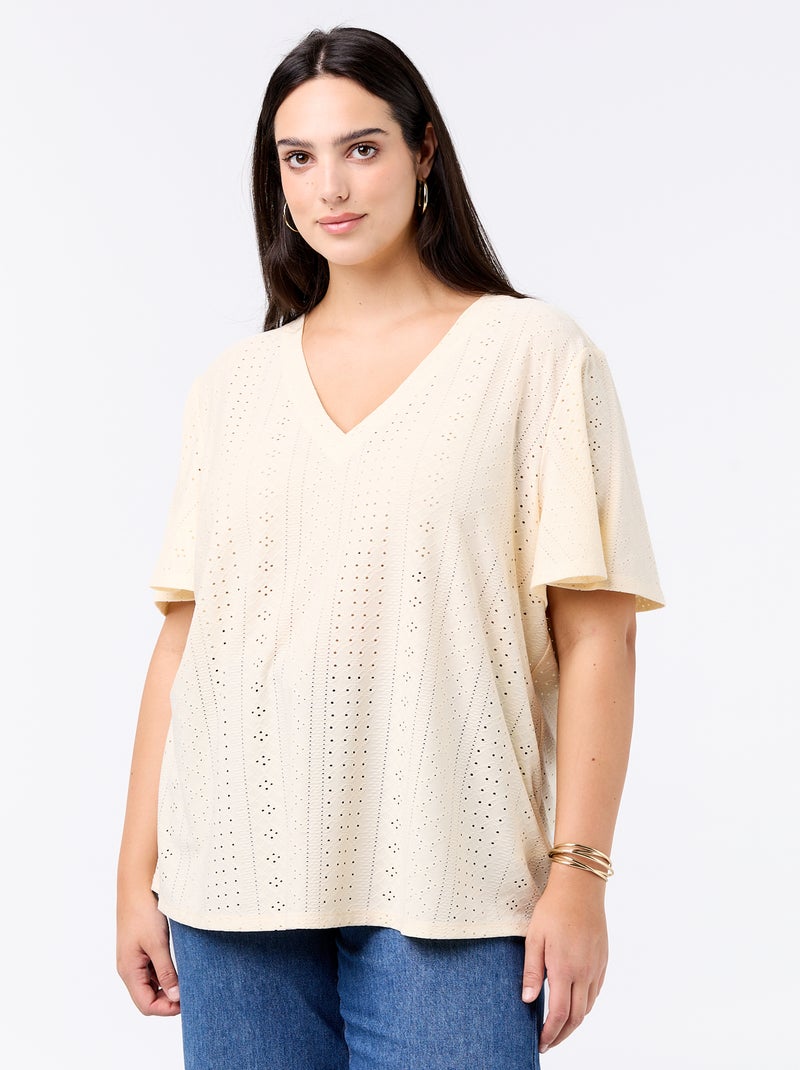 T-shirt basic in maglia traforata Beige - Kiabi