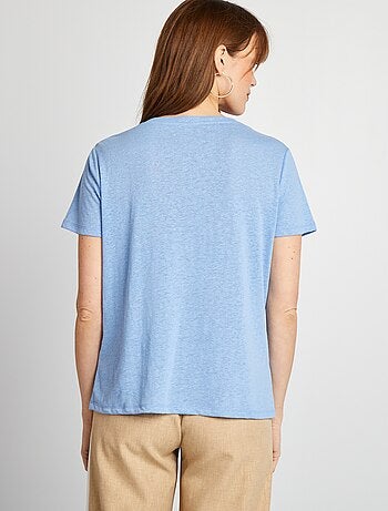 T-shirt basic scollo a V in misto lino