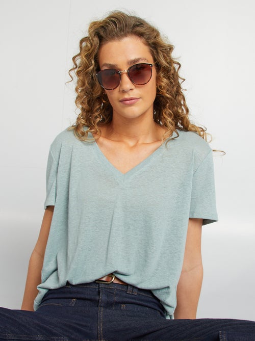 T-shirt basic scollo a V in misto lino - Kiabi