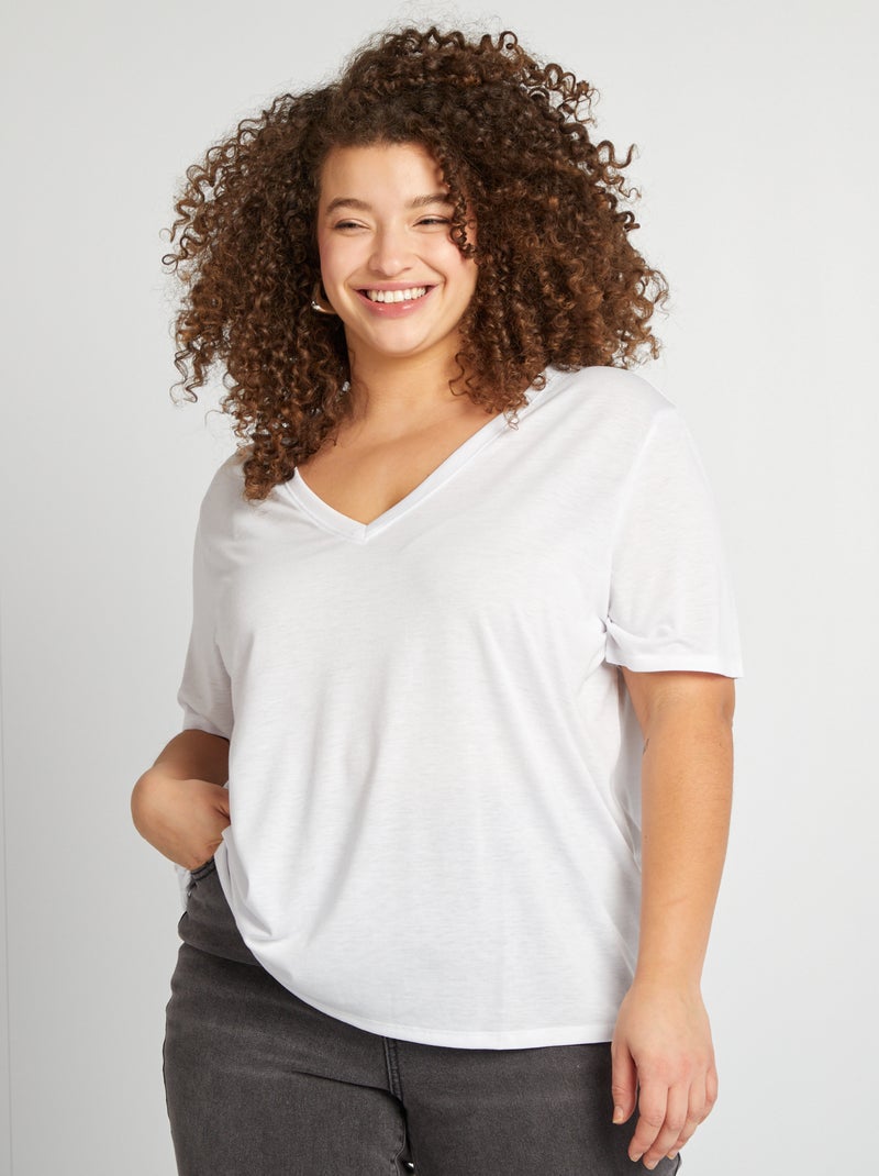 T-shirt basic tinta unita scollo a V bianco - Kiabi