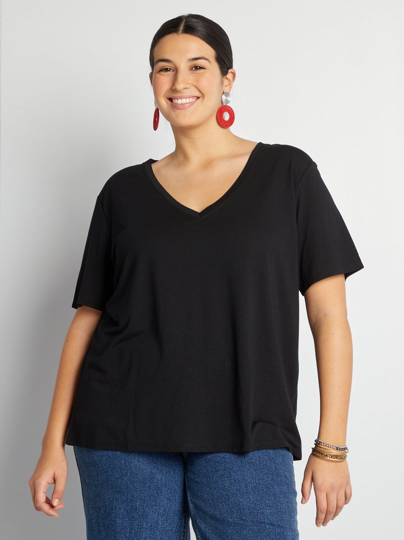 T-shirt basic tinta unita scollo a V nero - Kiabi