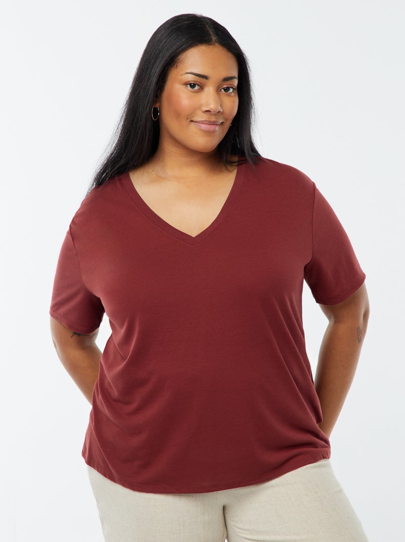 T-shirt basic tinta unita scollo a V Rosso - Kiabi