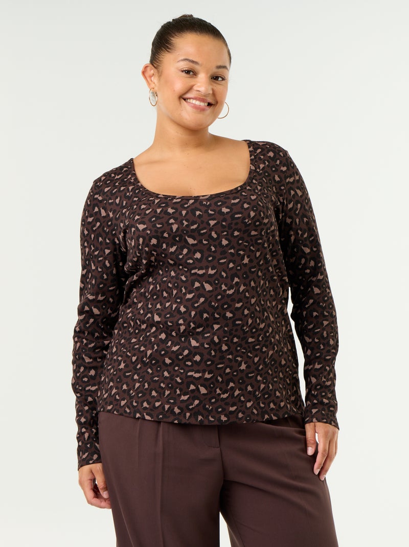 T-shirt basica a costine Marrone - Kiabi