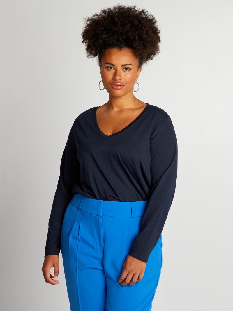 T-shirt basica con maniche lunghe e scollo a V blu - Kiabi