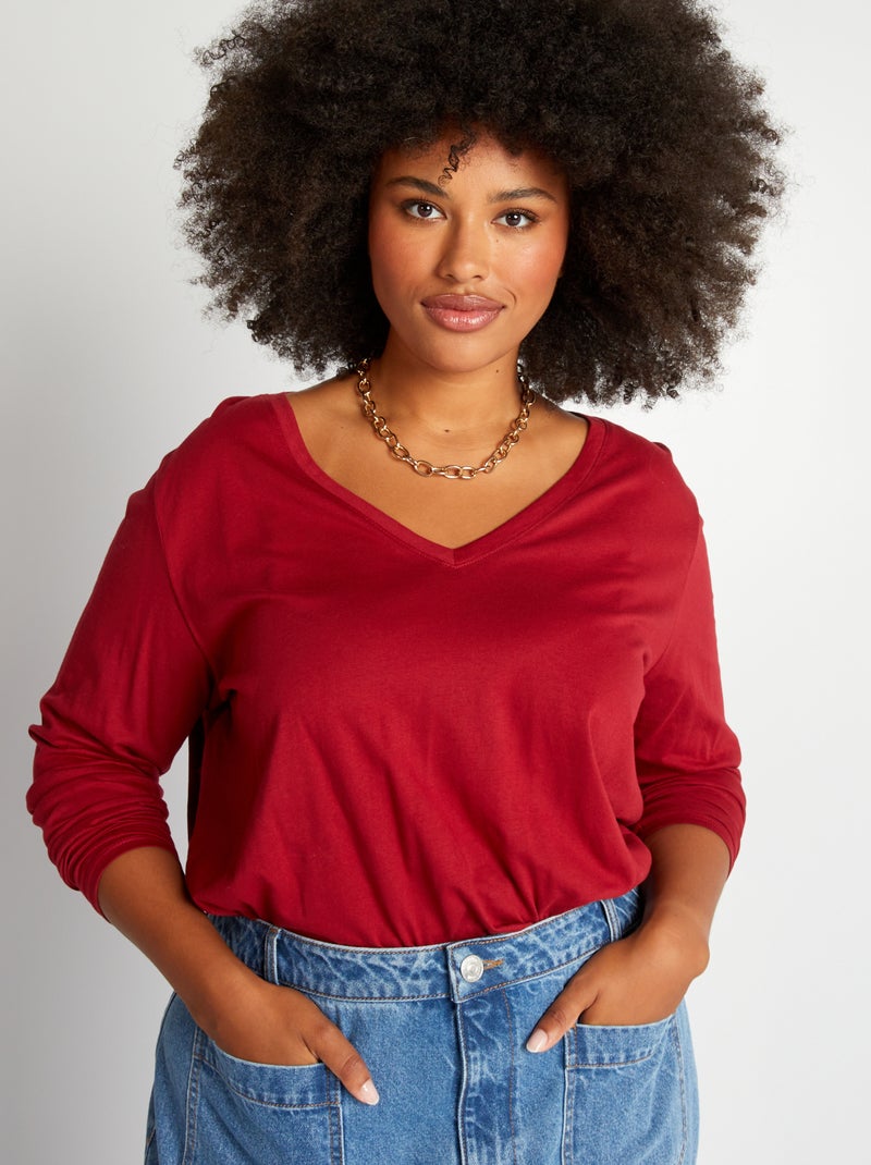 T-shirt basica con maniche lunghe e scollo a V ROSSO - Kiabi